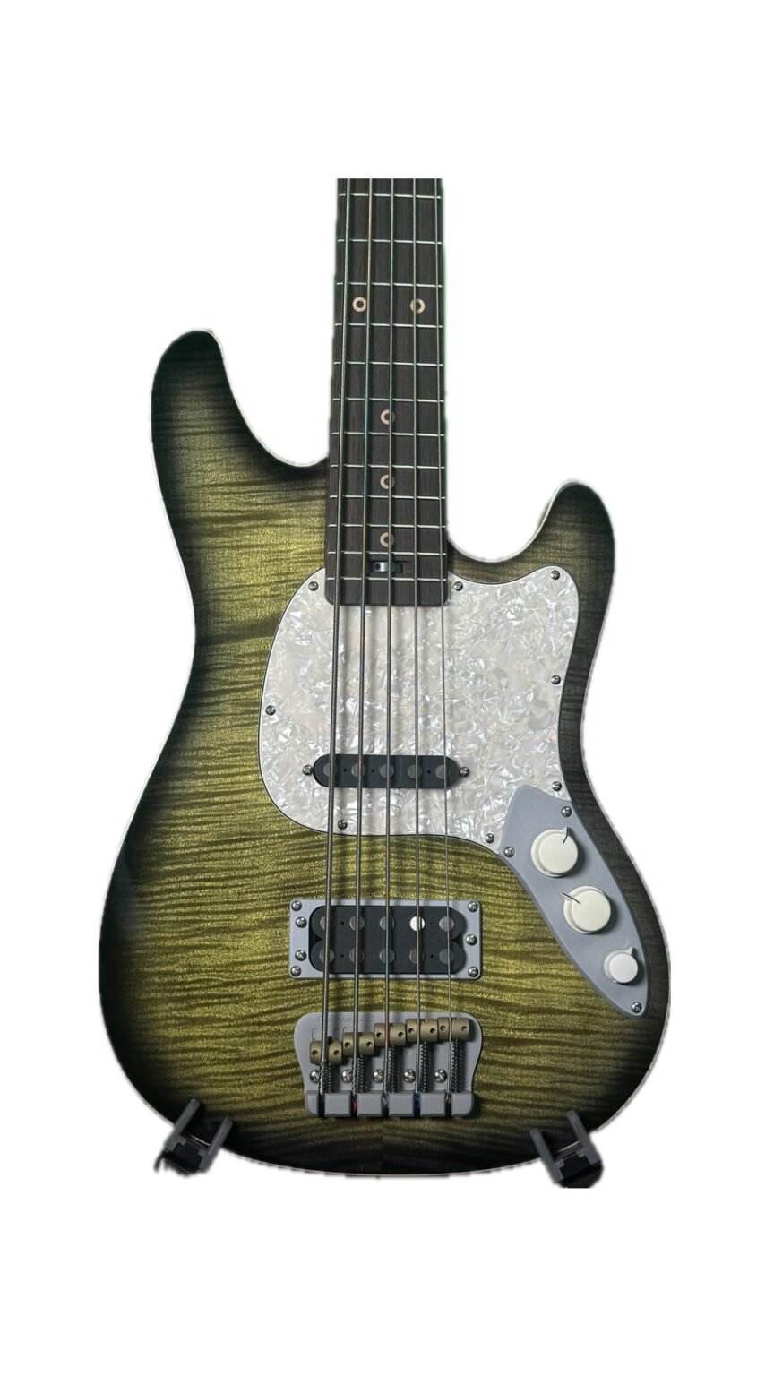 Ampmaster 5 String Dual Pickup Short scale 30" Electric Bass Guitar – Gloss Green Burst Flame Maple top - Gloss Green Burst, Flame Maple Top - Image 2