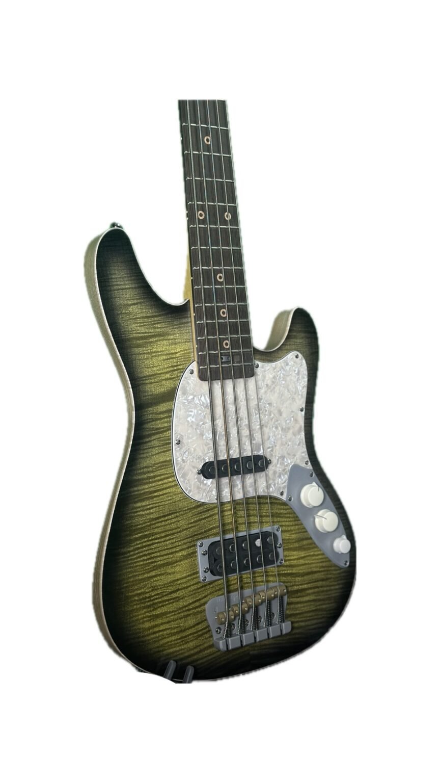 Ampmaster 5 String Dual Pickup Short scale 30" Electric Bass Guitar – Gloss Green Burst Flame Maple top - Gloss Green Burst, Flame Maple Top - Image 3