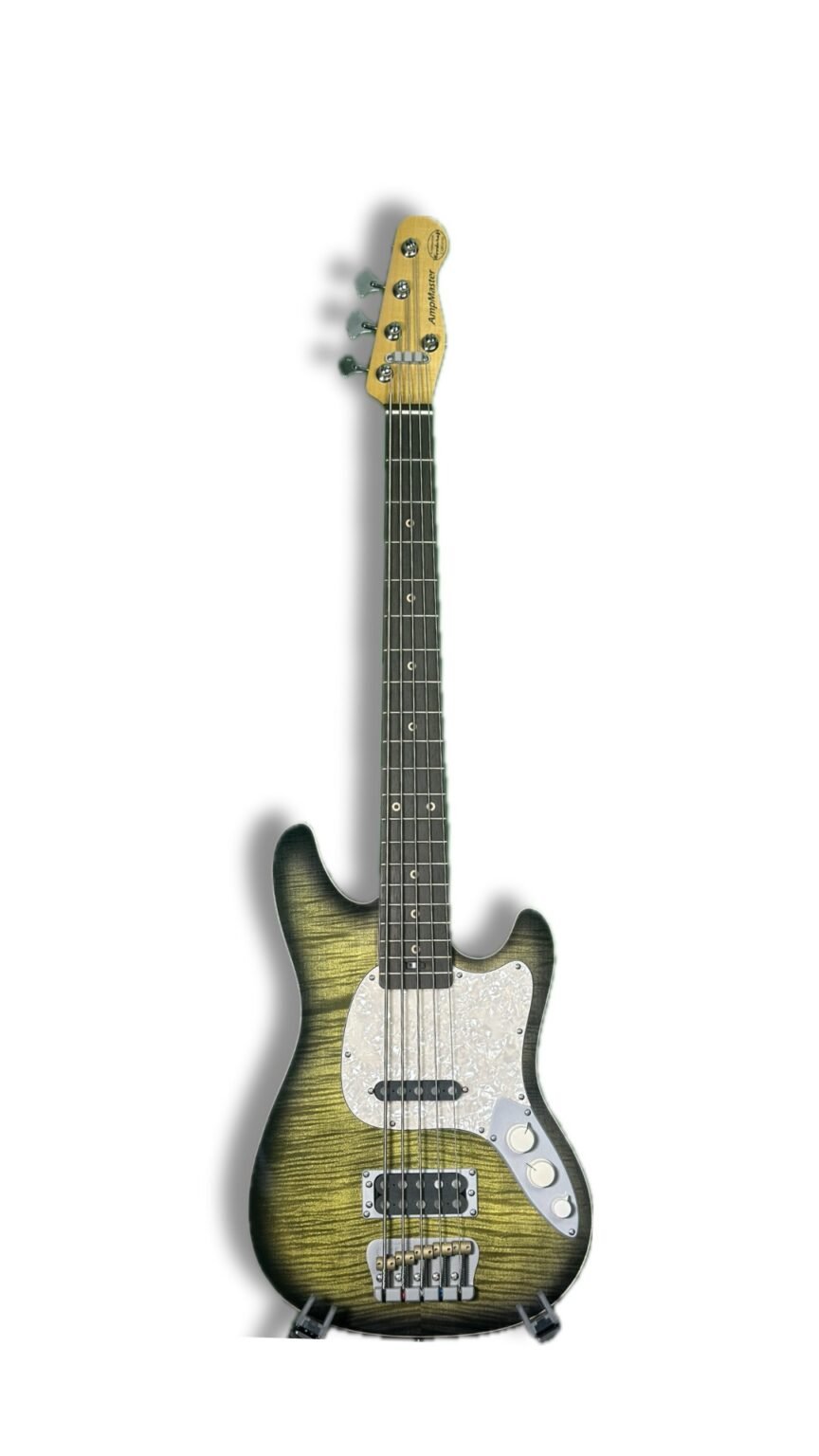 Ampmaster 5 String Dual Pickup Short scale 30" Electric Bass Guitar – Gloss Green Burst Flame Maple top - Gloss Green Burst, Flame Maple Top - Image 4