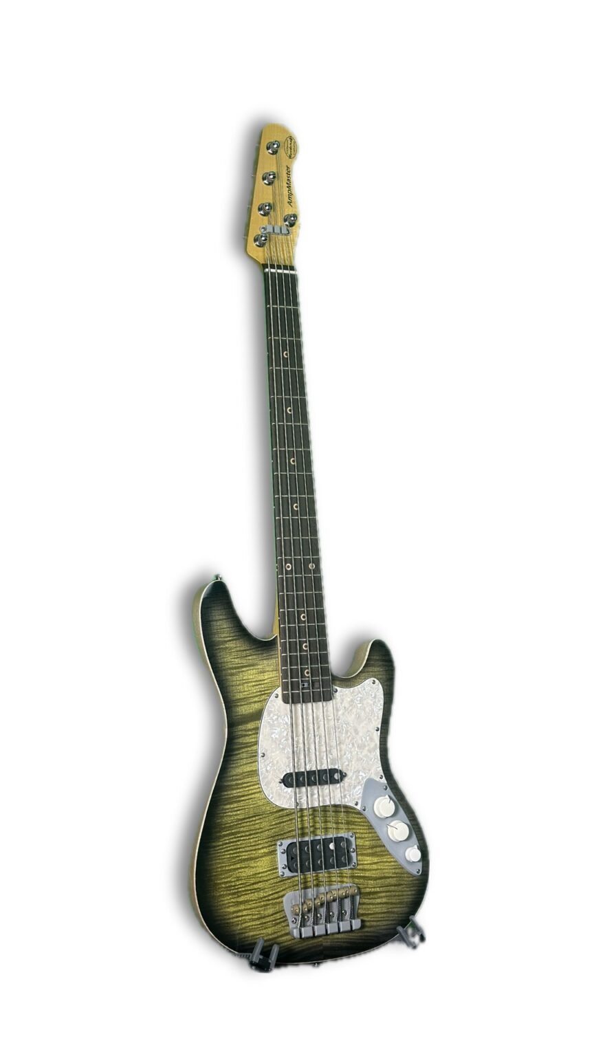 Ampmaster 5 String Dual Pickup Short scale 30" Electric Bass Guitar – Gloss Green Burst Flame Maple top - Gloss Green Burst, Flame Maple Top - Image 5