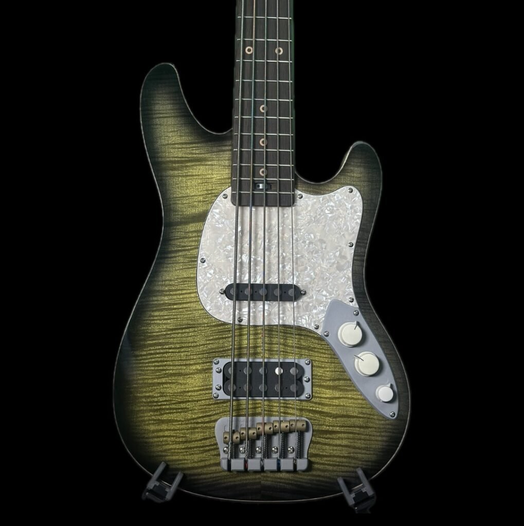 Ampmaster 5 String Dual Pickup Short scale 30" Electric Bass Guitar – Gloss Green Burst Flame Maple top - Gloss Green Burst, Flame Maple Top