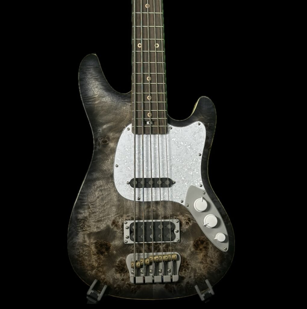 Ampmaster 5 String Dual Pickup Short scale 30" Electric Bass Guitar – Nitro Gloss Grey Burst Burl