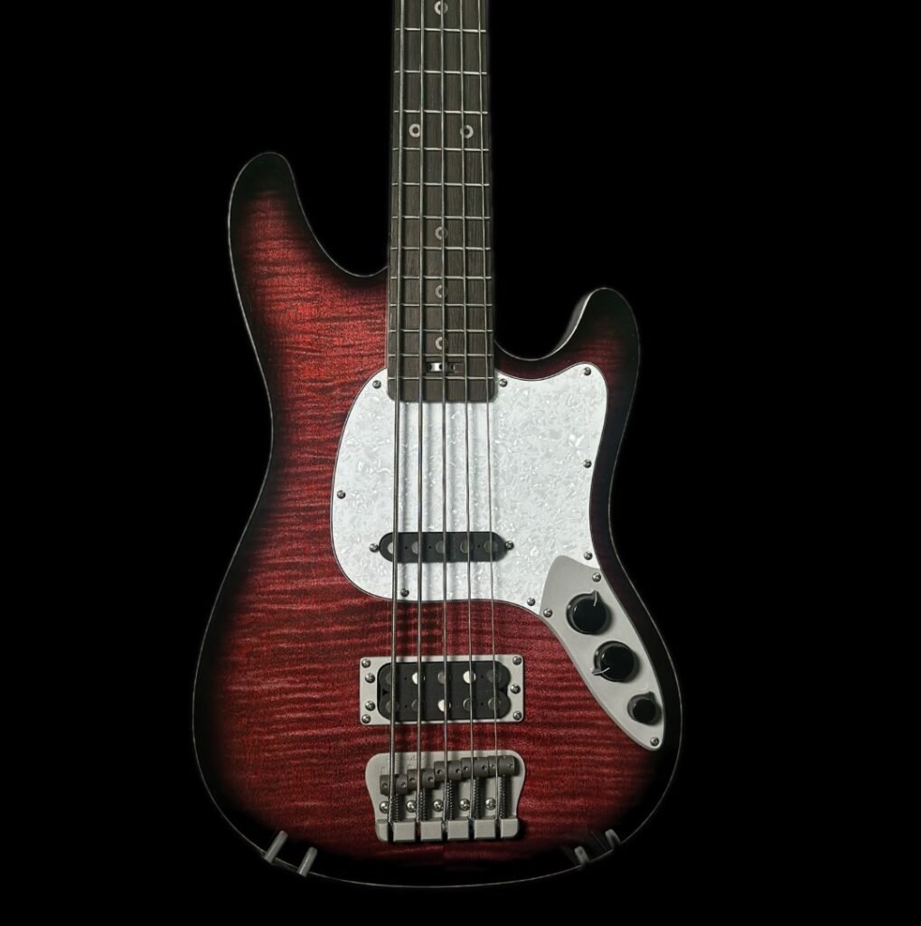 Ampmaster 5 String Dual Pickup Short scale 30" Electric Bass Guitar – Gloss Red Burst Flame Maple top - Gloss Red Burst, Flame Maple Top