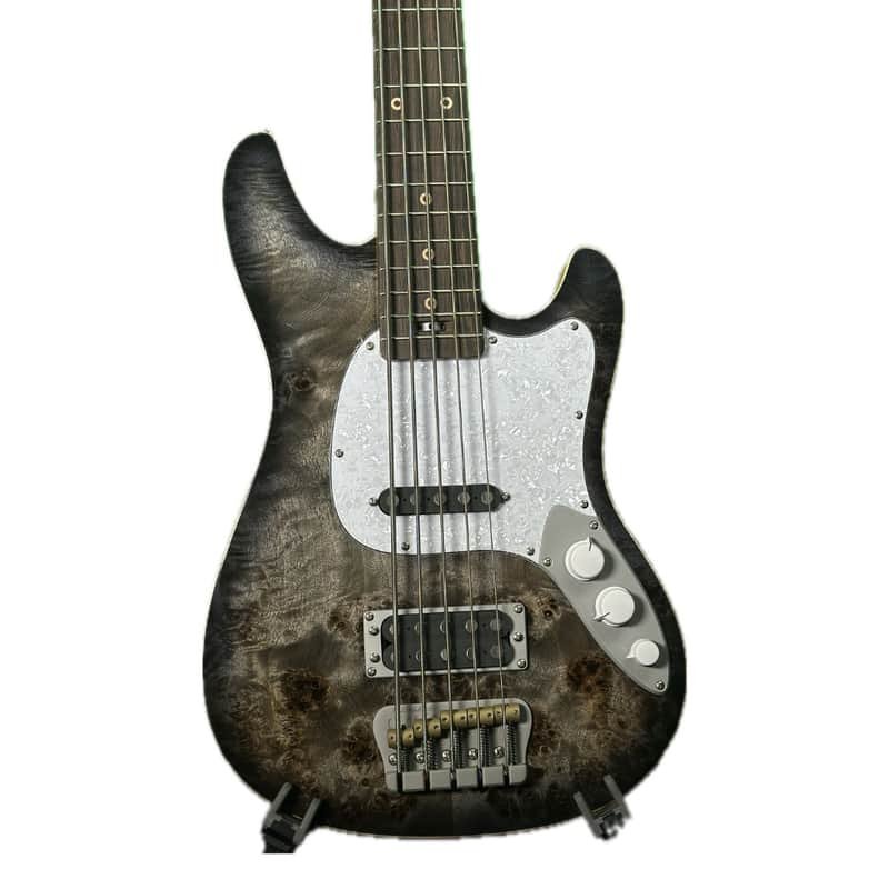 Ampmaster 5 String Dual Pickup Short scale 30" Electric Bass Guitar – Nitro Gloss Grey Burst Burl - Image 2