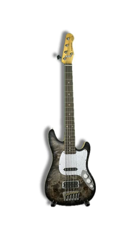 Ampmaster 5 String Dual Pickup Short scale 30" Electric Bass Guitar – Nitro Gloss Grey Burst Burl - Image 4